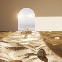 an archway with sand and coconuts in the background